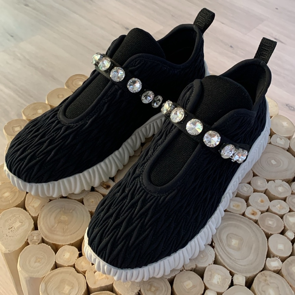 ♥️♥️ ♥️ Miu Miu BLACK PLEATED FABRIC CRYSTAL JEWELED SLIP SNEAKERS 37/ 7 US